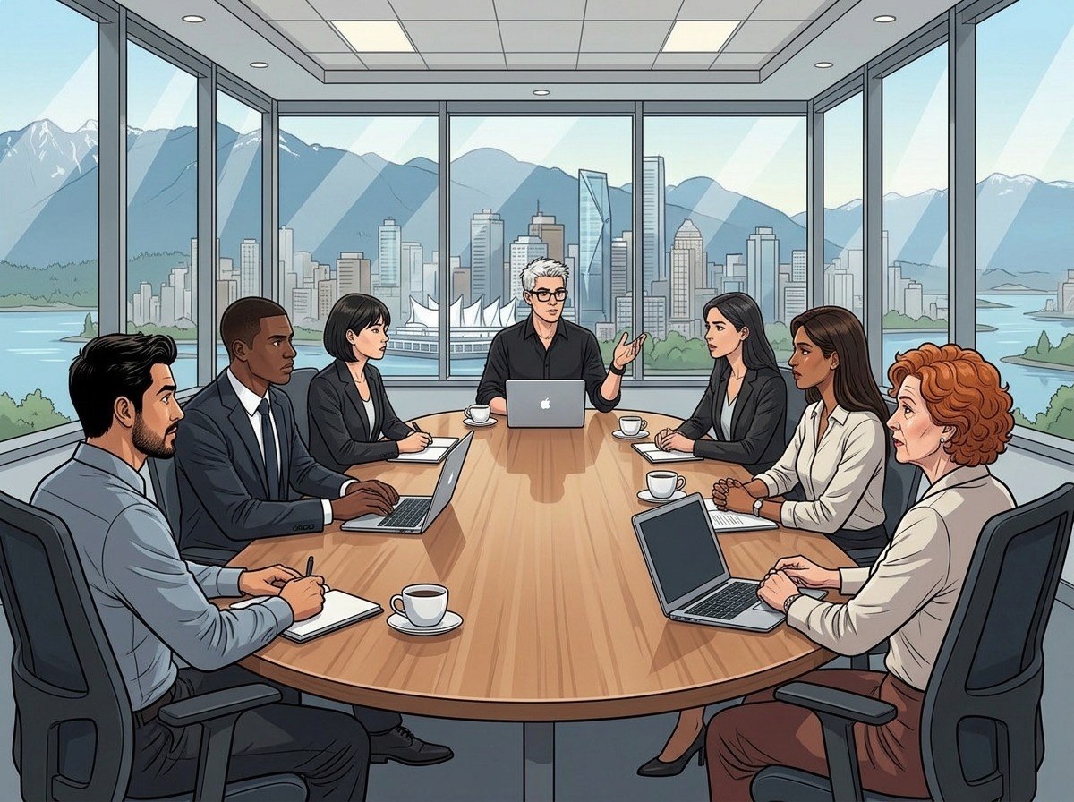 A leader presenting a plan to a team seated around a boardroom table, with a city skyline in the background.