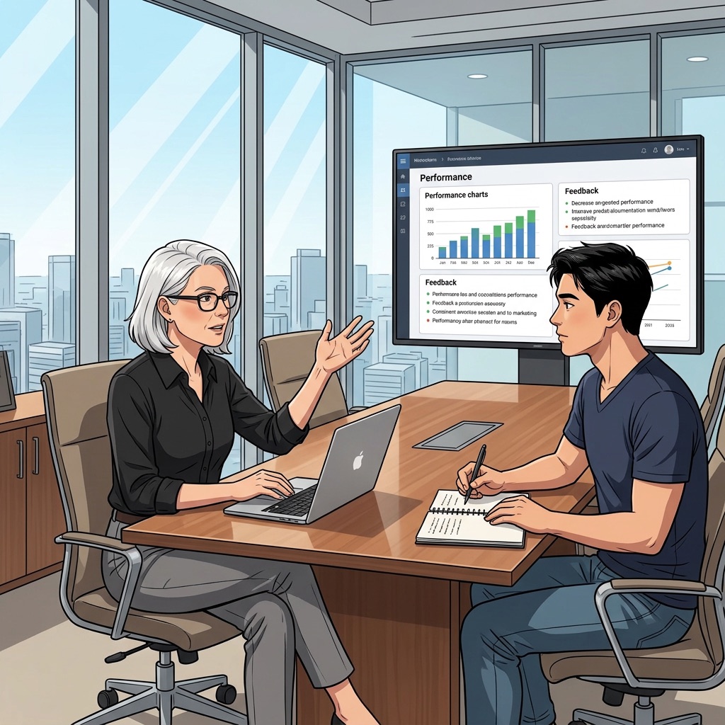 A manager giving performance feedback to an employee, with a performance dashboard shown on a screen behind them.