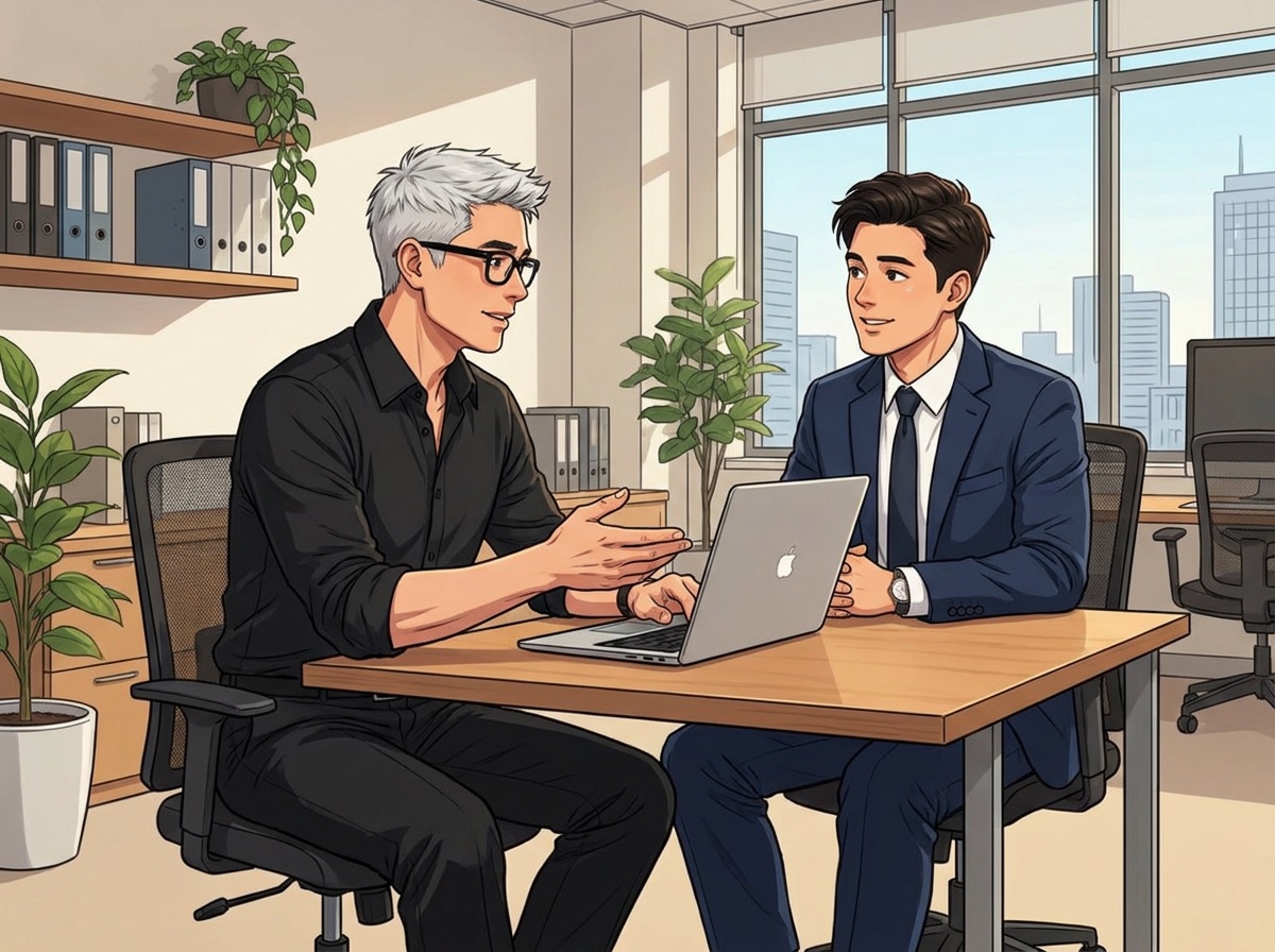 Two colleagues having a one-on-one conversation over a laptop in an office.