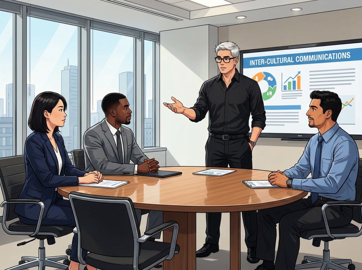 A leader presenting an intercultural communications slide to three team members around a conference table.